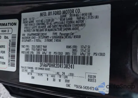 2013 Ford Fusion Se z USA, uszkodzony, nr VIN 3FA6P0HR2DR138241